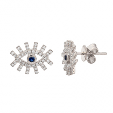 14K White Gold Diamond + Sapphire Evil Eye Earrings