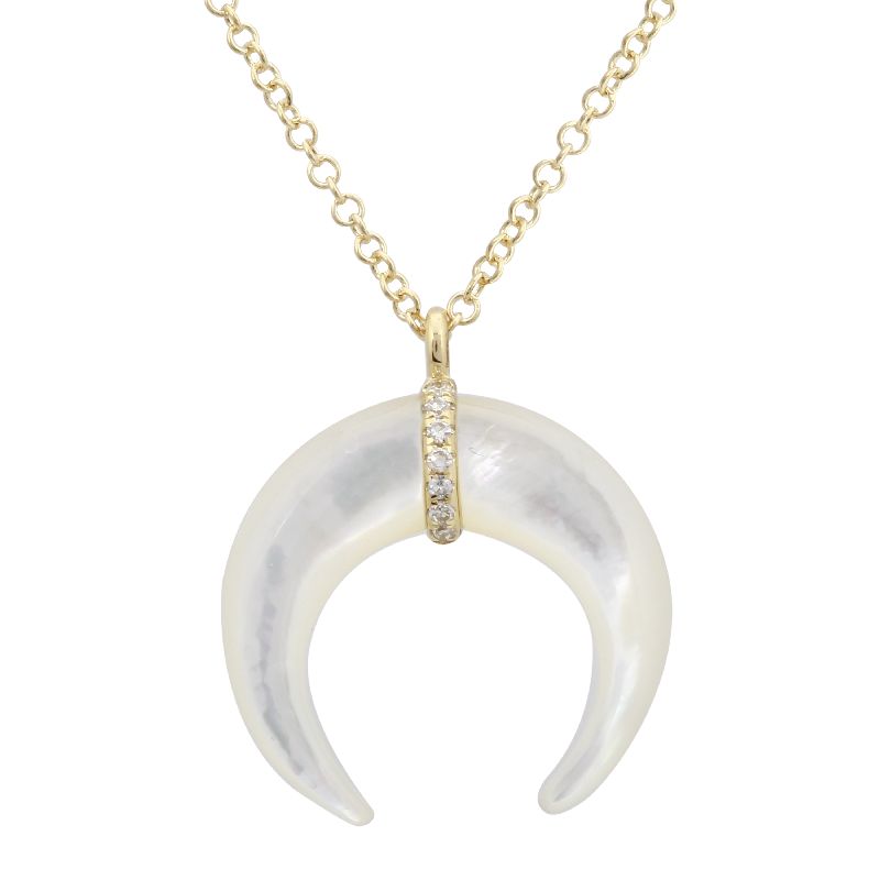 14K Yellow Gold Diamond Crescent Shell Necklace-Necklaces-superbell-MOTHER OF PEARL-