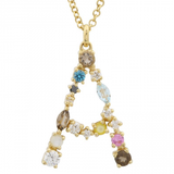 14K Yellow Gold Multi Color Stones Initial Necklace-Necklaces-superbell-A-