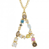 14K Yellow Gold Multi Color Stones Initial "E" Necklace