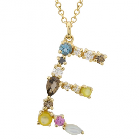 14K Yellow Gold Multi Color Stones Initial "E" Necklace-Necklaces-superbell-E-