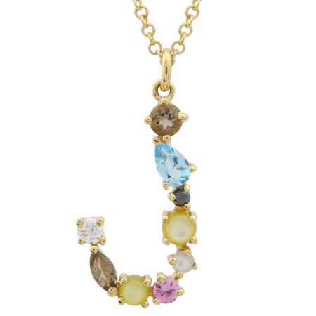 14K Yellow Gold Multi Color Stones Initial Necklace-Necklaces-superbell-J-