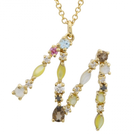 14K Yellow Gold Multi Color Stones Initial Necklace