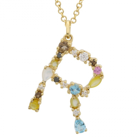 14K Yellow Gold Multi Color Stones Initial Necklace-Necklaces-superbell-R-