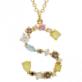 14K Yellow Gold Multi Color Stones Initial Necklace-Necklaces-superbell-S-