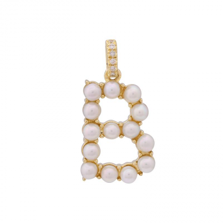 14k Yellow Gold Pearl Initial "B” With Diamond Bail Charm/Pendant