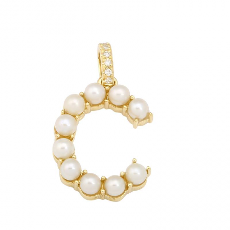 14k Yellow Gold Pearl Initial “C” With Diamond Bail Charm/Pendant-Charms & Pendants-superbell-