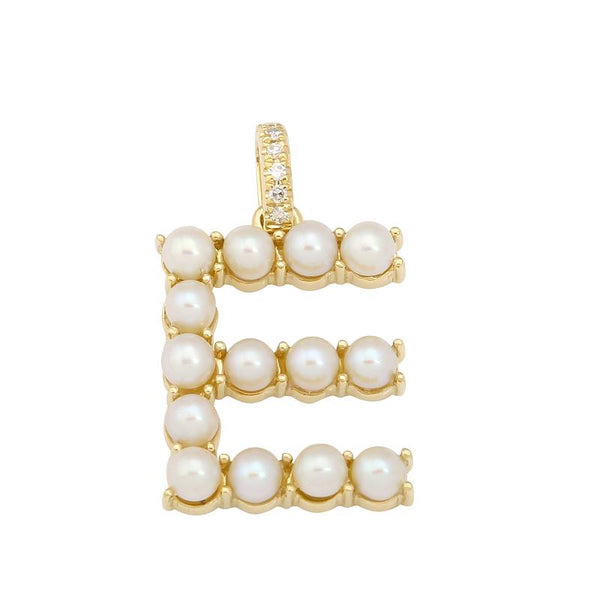 14k Yellow Gold Pearl Initial "E” With Diamond Bail Charm/Pendant-Charms & Pendants-superbell-