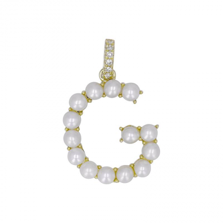 14k Yellow Gold Pearl Initial "G” With Diamond Bail Charm/Pendant-Charms & Pendants-superbell-