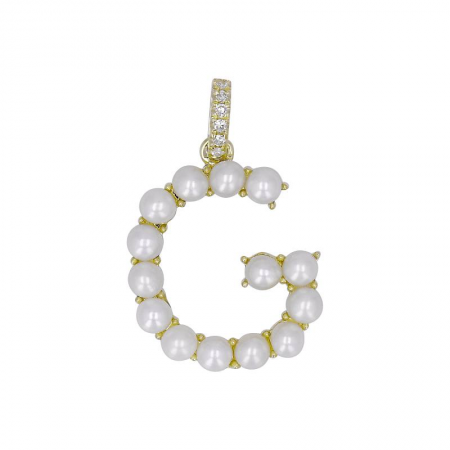 14k Yellow Gold Pearl Initial "G” With Diamond Bail Charm/Pendant