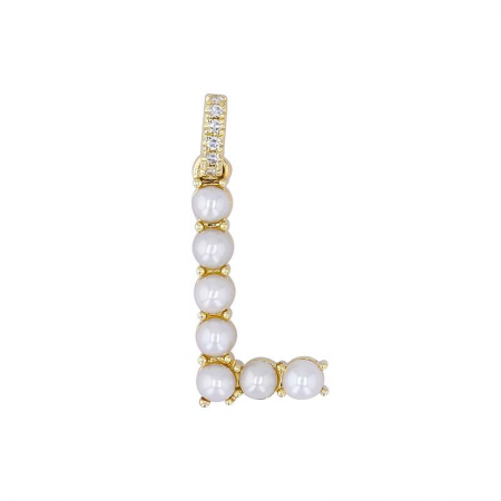 14k Yellow Gold Pearl Initial "L” With Diamond Bail Charm/Pendant-Charms & Pendants-superbell-
