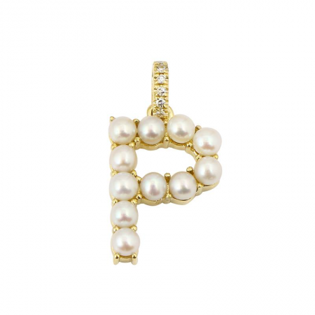 14k Yellow Gold Pearl Initial "P” With Diamond Bail Charm/Pendant