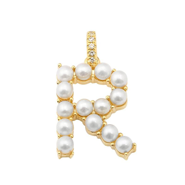 14K Yellow Gold Pearl Initial “R” With Diamond Bail Pendant-Charms & Pendants-superbell-