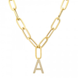 14k Yellow Gold Initial Diamond Paper Clip Link Necklace-Necklaces-superbell-A-