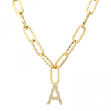 14k Yellow Gold Initial Diamond Paper Clip Link Necklace
