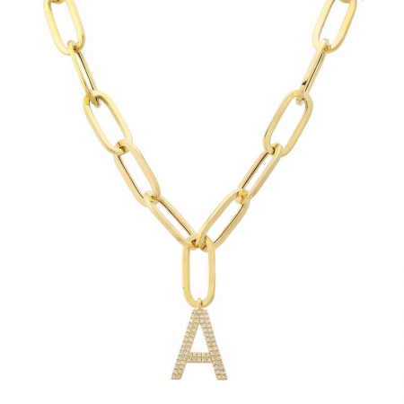 14k Yellow Gold Initial Diamond Paper Clip Link Necklace