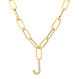 14k Yellow Gold Initial Diamond Paper Clip Link Necklace-Necklaces-superbell-J-