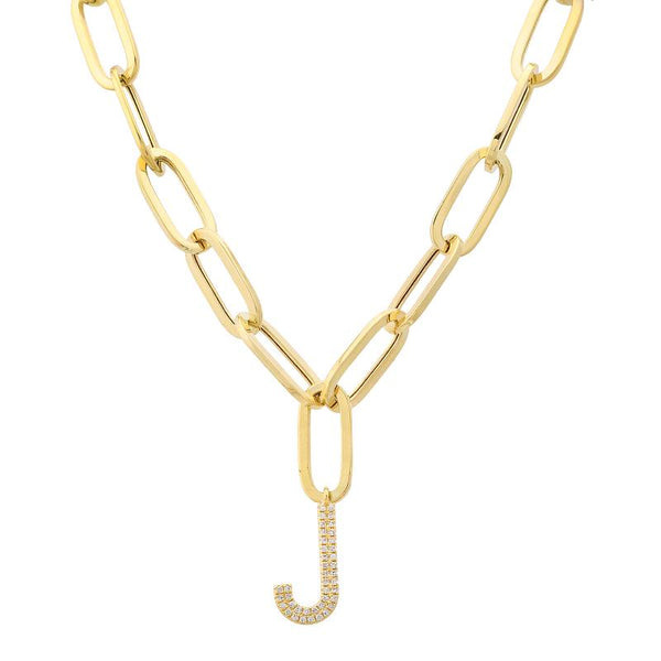 14k Yellow Gold Initial Diamond Paper Clip Link Necklace-Necklaces-superbell-J-