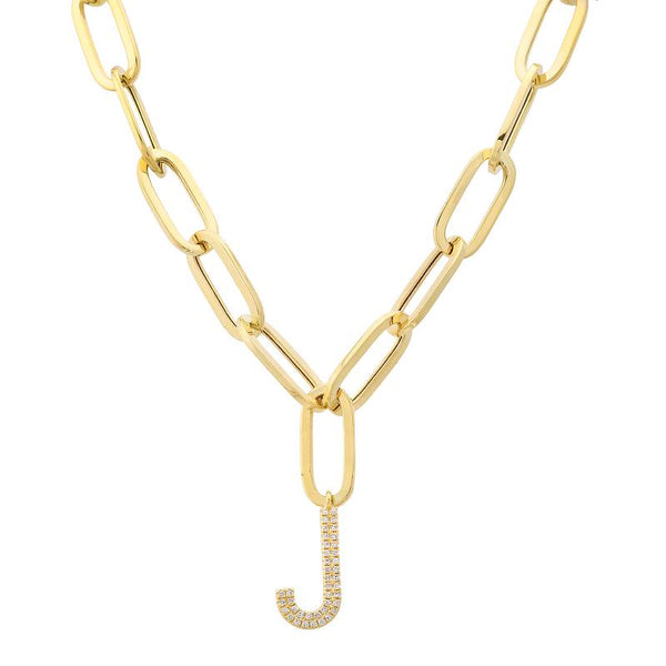 14k Yellow Gold Initial Diamond Paper Clip Link Necklace