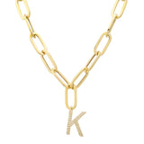 14k Yellow Gold Initial Diamond Paper Clip Link Necklace-Necklaces-superbell-K-