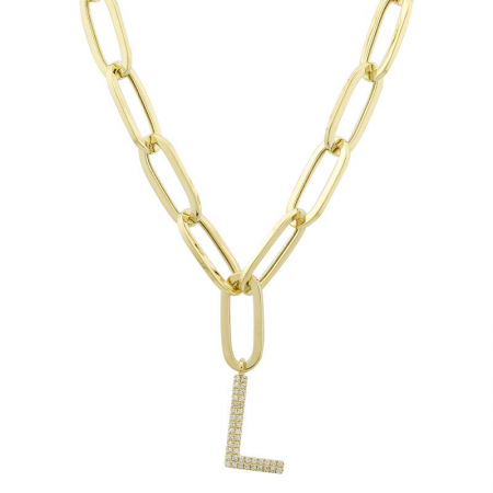 14k Yellow Gold Initial Diamond Paper Clip Link Necklace-Necklaces-superbell-L-
