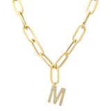 14k Yellow Gold Initial Diamond Paper Clip Link Necklace-Necklaces-superbell-M-