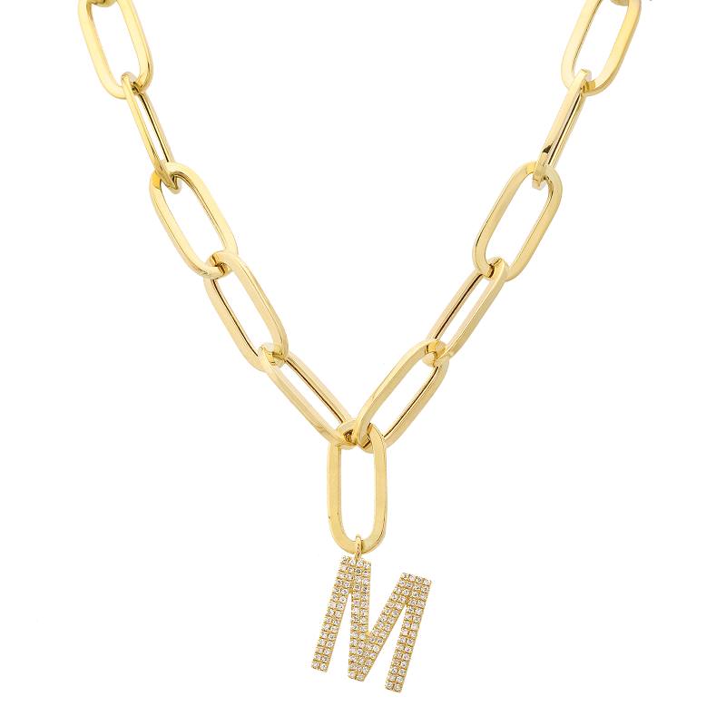 14k Yellow Gold Initial Diamond Paper Clip Link Necklace-Necklaces-superbell-M-