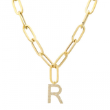 14k Yellow Gold Initial Diamond Paper Clip Link Necklace-Necklaces-superbell-R-