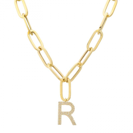 14k Yellow Gold Initial Diamond Paper Clip Link Necklace-Necklaces-superbell-R-