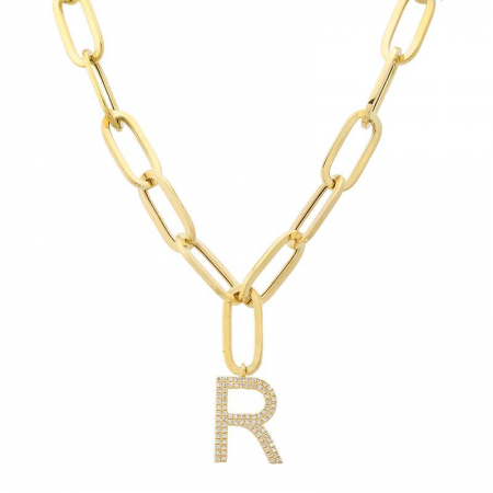 14k Yellow Gold Initial Diamond Paper Clip Link Necklace