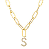 14k Yellow Gold Initial Diamond Paper Clip Link Necklace-Necklaces-superbell-S-