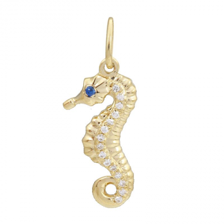 14K Yellow Gold Diamond + Sapphire Seahorse Pendant