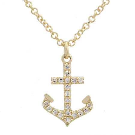 14K Yellow Gold Diamond Anchor Pendant & Chain