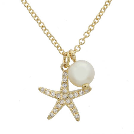 14K Yellow Gold Starfish Pearl Pendant-Necklaces-superbell-