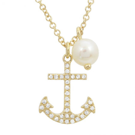 14k Yellow Gold Diamond Anchor & Pearl Pendant With Chain