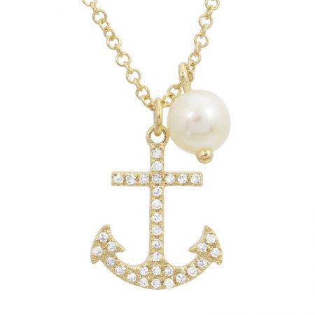 14k Yellow Gold Diamond Anchor & Pearl Pendant With Chain-Necklaces-superbell-