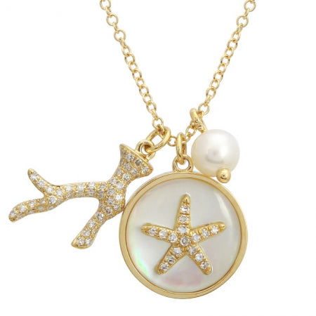 14K Yellow Gold Pearl Starfish Necklace-Necklaces-superbell-