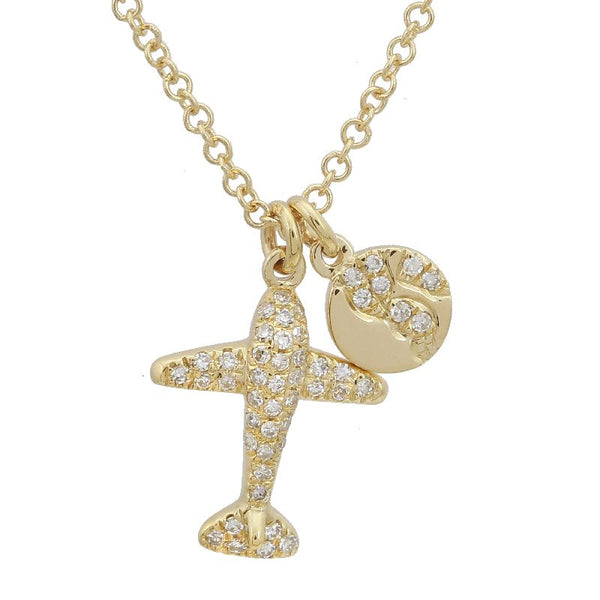 14K Yellow Gold Airplane & Earth Diamond Necklace