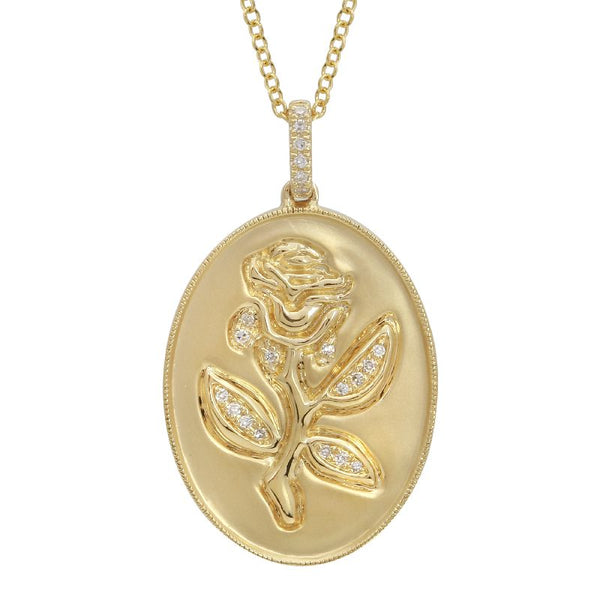 14K Yellow Gold Diamond Rose Pendant with Chain-Necklaces-superbell-