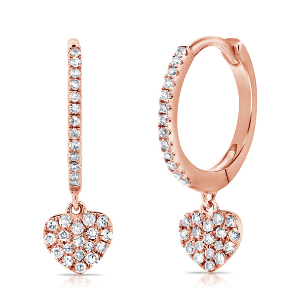 14K Rose Gold Diamond Dangling Heart Earrings