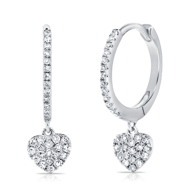 14K White Gold Diamond Dangling Heart Earrings