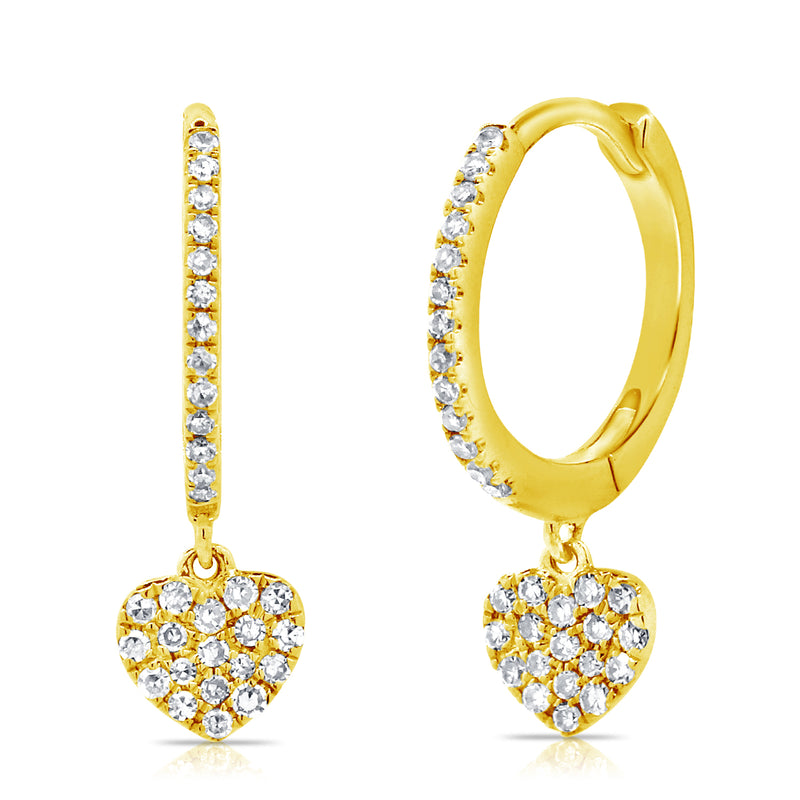 14K Yellow Gold Diamond Dangling Heart Earrings