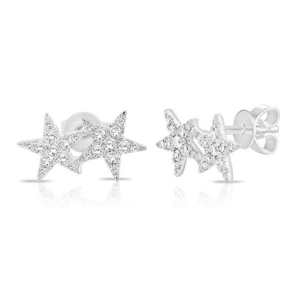 14K White  Diamond Double Star Earrings