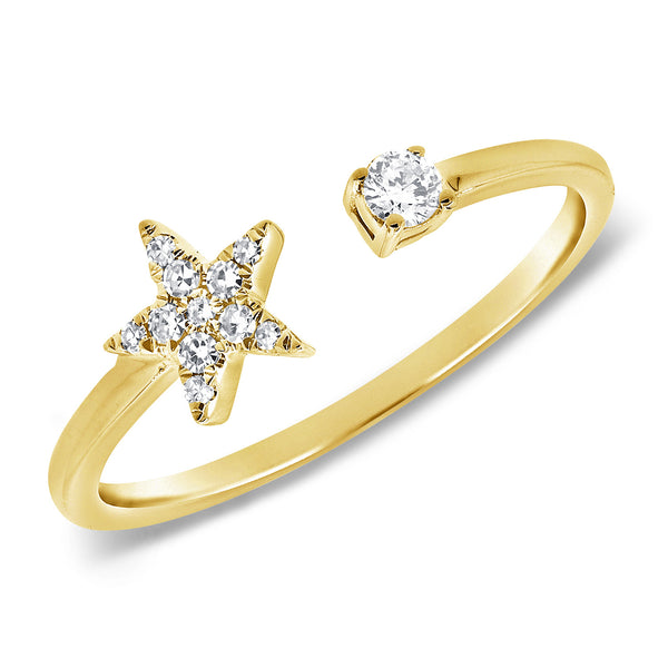 14K Yellow Gold Diamond Mini Star Open Cuff Ring