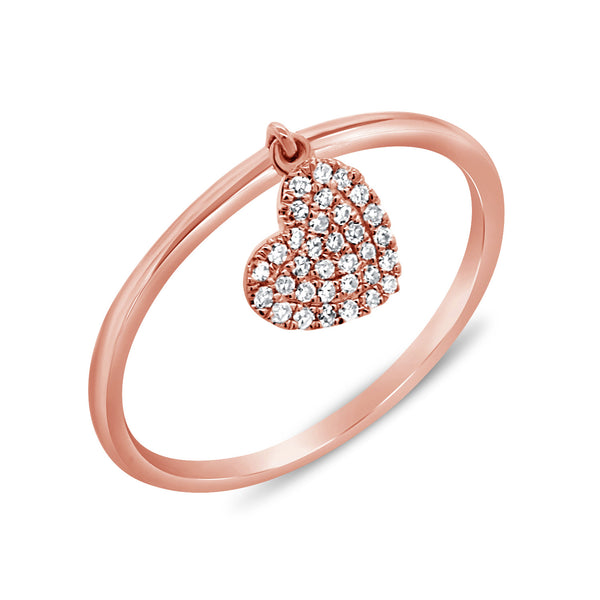 14K Rose Gold Diamond Pave Dangle Heart Ring