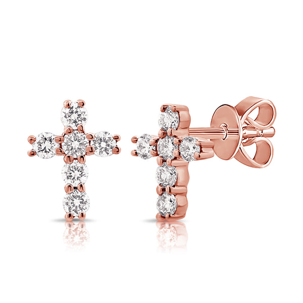 14K Rose Gold Diamond Cross Earrings