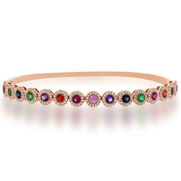 14K White Gold Diamond Halo + Color Stone Hinged Bangle