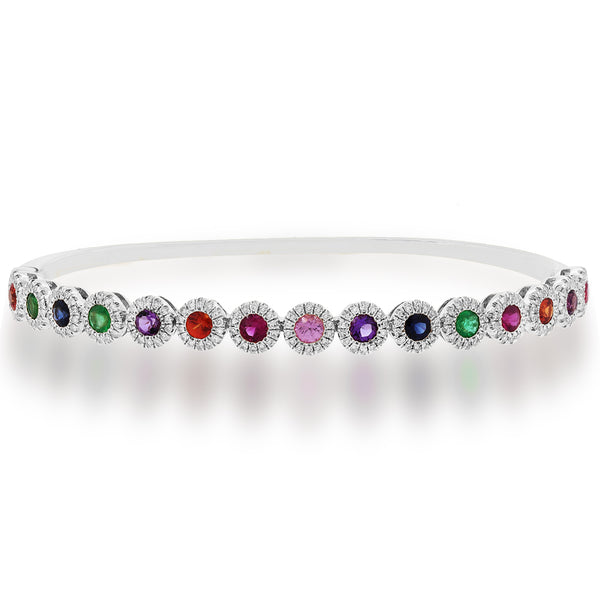 14K White Gold Diamond Halo + Color Stone Hinged Bangle