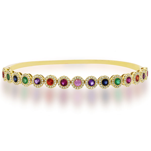 14K Yellow Gold Diamond Halo + Color Stone Hinged Bangle