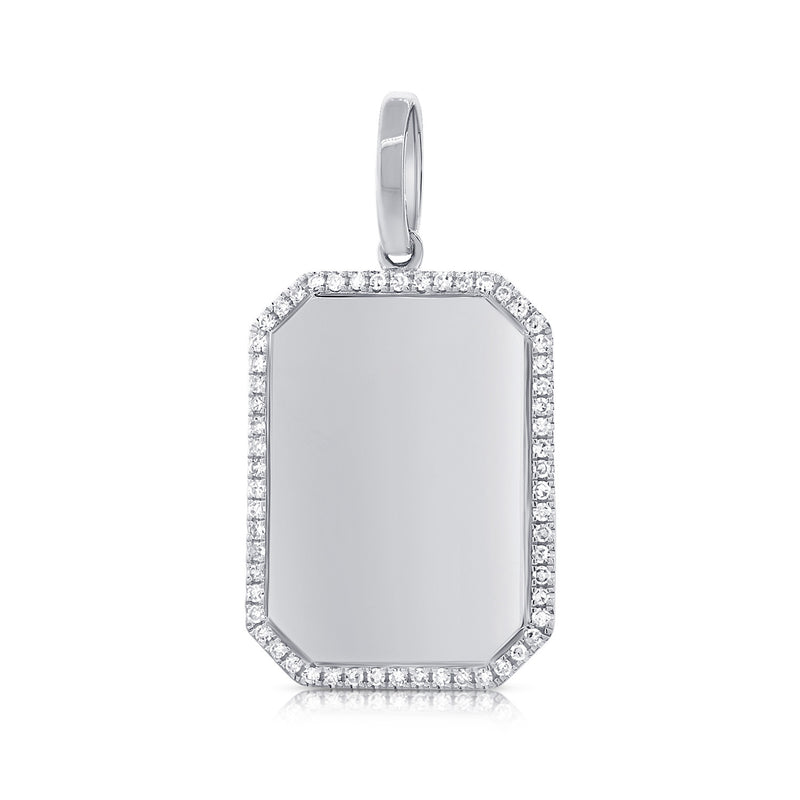14K White Gold Diamond Border Polished Charm Pendant-Engraveable